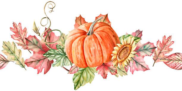 istock Seamless border with pumpkin and saltwort. Isolated watercolor illustration for interior design, Harvest Festival decoration, printing on kitchen textiles, seasonal menu design. 2228788107