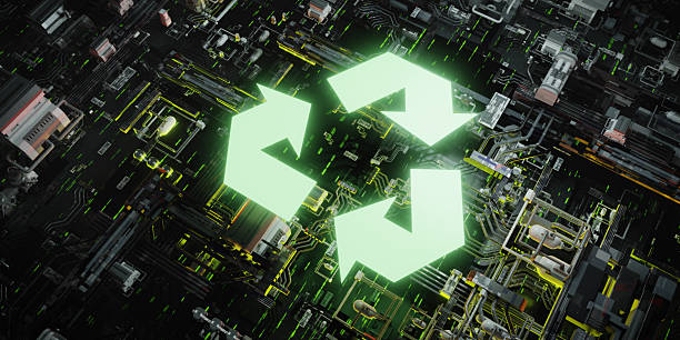 A glowing 3D recycling icon symbolizes sustainability and green technology, set against a dark, futuristic circuit board background representing digital innovation.