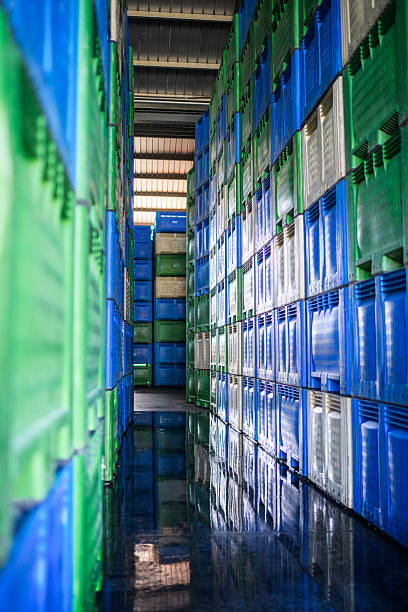 Neatly aligned green and blue crates stacked in a warehouse, showing reflective floors and secure organization. Perfect staging for effective citrus transport, ensuring quality inspection and efficient export operations. A vivid industrial setting for logistics and storage.