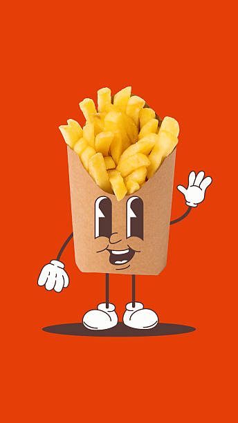 istock Cartoon french fries character waving against solid red background. Lunch packaging 2228792982