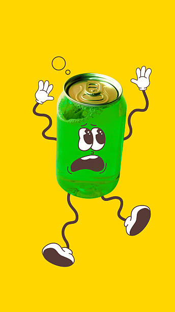 Cartoon green soda can character with surprised expression on bright yellow background