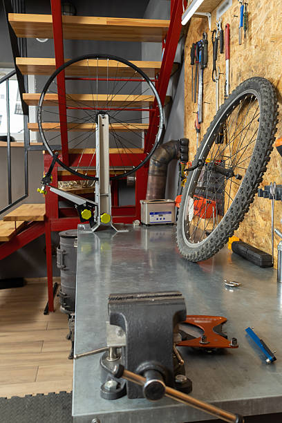 istock Modern workshop with metal tabletop, bike tools 2228794333