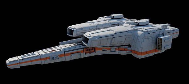 Science fiction illustration of a Missile launching spaceship in white with orange stripe, isolated on a black background in side view, 3d digitally rendered science fiction illustration