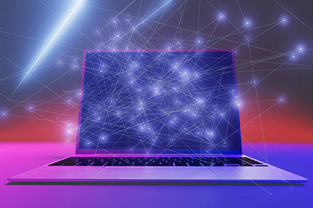istock A laptop computer with a blue screen showing a network of lines 2228797505