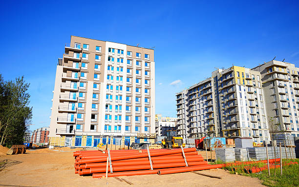 Drainage and sewer pipes for waste water, drains, sewers on Construction site. Building construction. Residential Buildings construction. Building renovation.