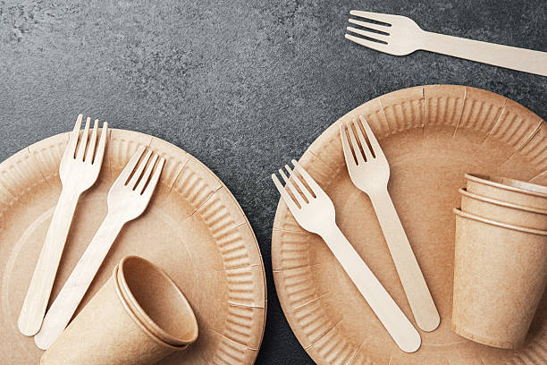 istock Two paper plates with forks and cups flat lay over stone texture background eco set 2228817065