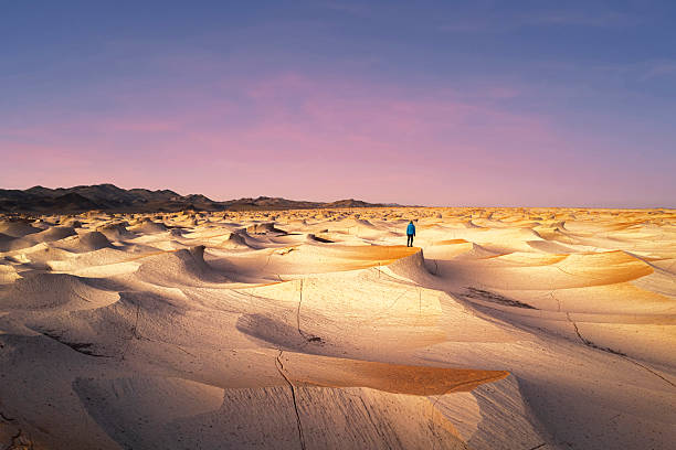 Tourist explores petrified pumice desert at sunrise, Campo de Piedra Pomez, El Penon, Puna, Catamarca, Argentina