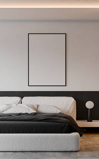 istock Frame poster mockup in a modern bedroom interior. 3D rendering, 3D illustration. 2228823920
