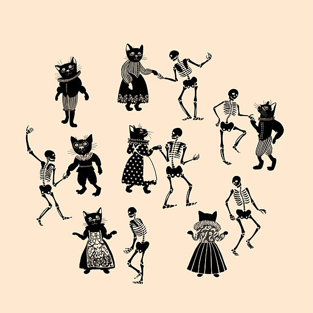 Medieval cats and dancing human skeletons in gothic halloween party scene. Includes halloween cats, dancing skeletons, gothic cats, medieval animals, spooky halloween celebration, skeleton dance, and retro halloween characters. Suitable for traditional festival, October party decoration, and halloween illustration.