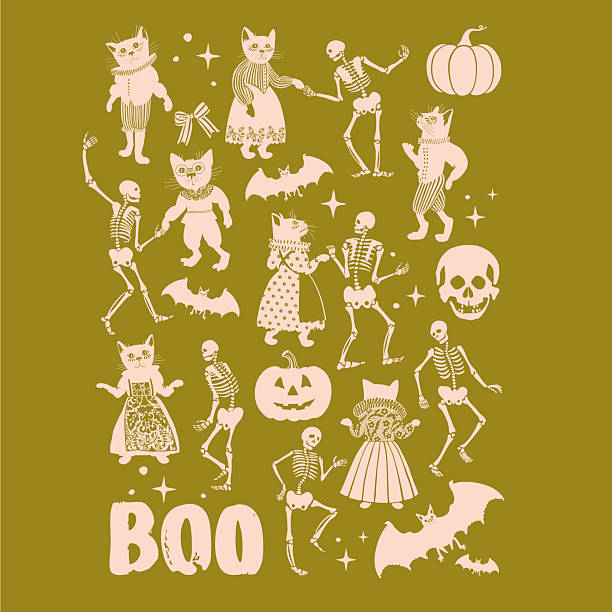 Medieval cats and dancing human skeletons in gothic halloween party scene. Includes halloween cats, dancing skeletons, gothic cats, medieval animals, spooky halloween celebration, skeleton dance, and retro halloween characters. Suitable for traditional festival, October party decoration, and halloween illustration.