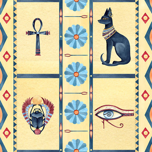 istock Egyptian seamless pattern with Bastet, Scarab beetle, eye of Horus, Ankh talisman. Ancient vertical ornament geometric patterns, sacred lotus. Watercolor isolated illustration on yellow background 2228836988