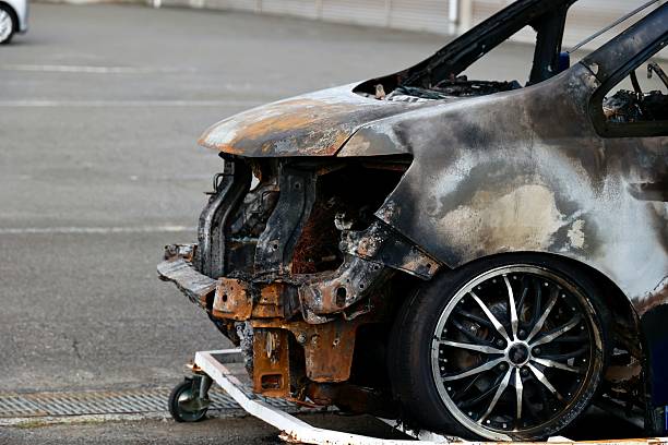 istock The front of the car was scorched and burned. 2228843185