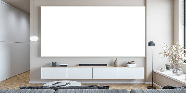 istock A modern minimalistic living room with an empty beige wall with copy space, a low white cabinet, coffee table, gray sofa, windows and decoration, a hallway 2228844495