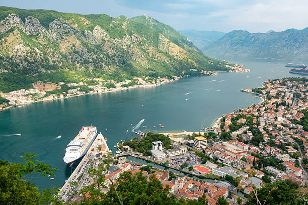 Kotor Bay in Kotor Municipality, Montenegro, with cruise liners visible.
