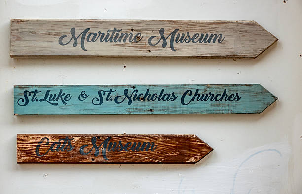 Place Signs at Kotor Old Town, Montenegro, including for the Maritime Museum, St Luke and St Nicholas Churches and the Cat Museum.