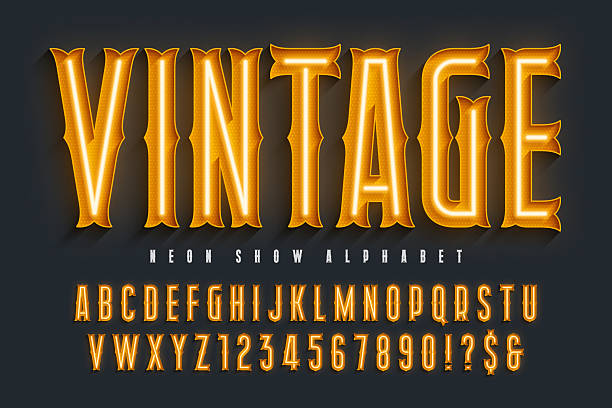 Retro circus alphabet design, cabaret, fairy neon lamps letters and numbers. Original design