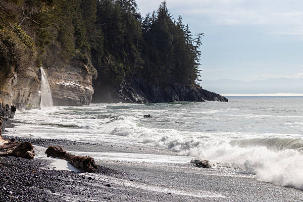Waterfalls flowing into the ocean on a rugged rocky coast