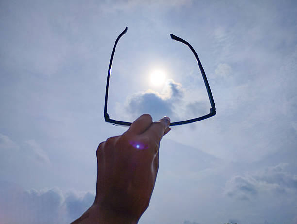Hand Holding Open Sunglasses Frame Towards the Sun with Cloudy Blue Sky