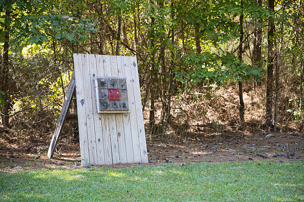Red square in a homemade free standing wooden archery target