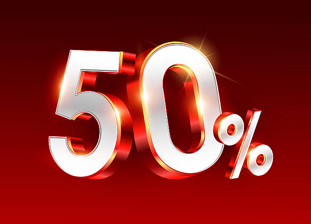 istock 3d 50% or 50 percent rendered in red reflection metal style, vector illustration. 50 number percent icon in 3d vector 2228860272