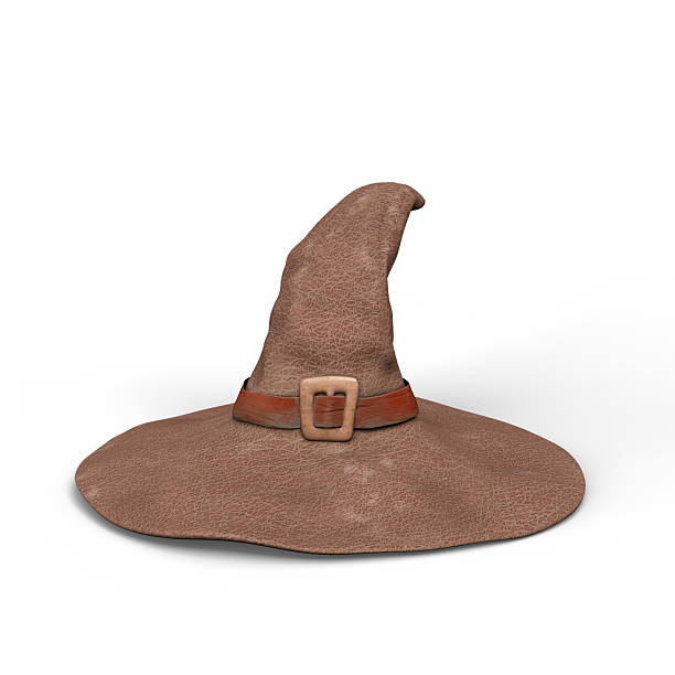 Authentic witch-themed brown leather hat featuring a distinctive belt and buckle design, gracefully shaped to evoke a magical and whimsical atmosphere, perfect for fantasy enthusiasts and Halloween decorations. 3D Illustration. File with Clipping Path.