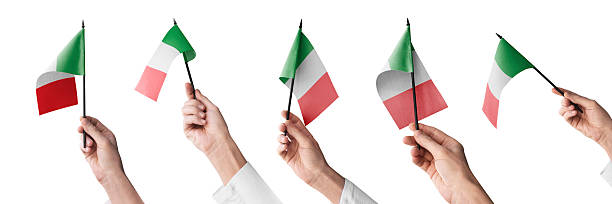 The Italy flag in hand in different angles on a white background.
