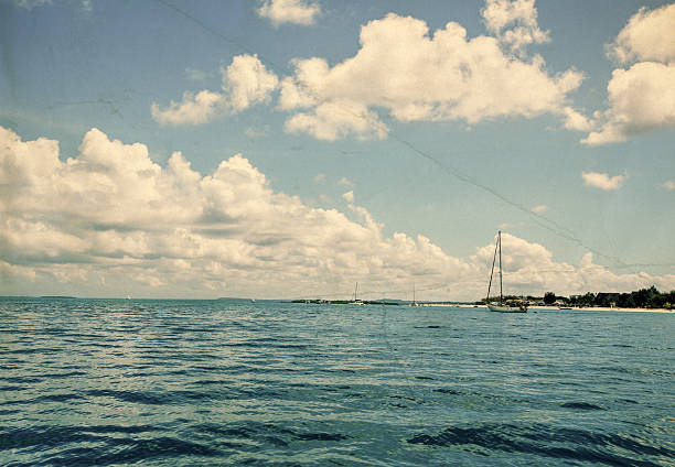 Lonely yacht at Sea. Retro