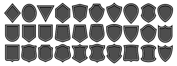 Vector Shield Icon Set, collection of 30 illustrations variety old shields for retro signboard or certificate, group of different shield layouts with copy space for royalty slogan on white background