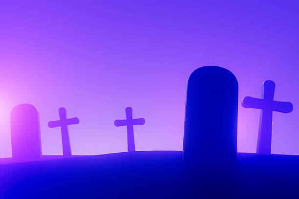 Spooky cemetery at night with tombstones and trees over full moon