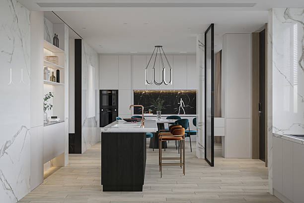 istock Sophisticated Culinary Space-Featuring a Marble Backsplash and Trendy Bar Stools 2228877220