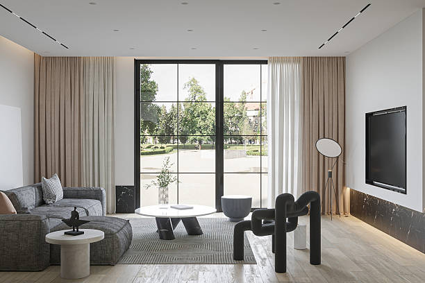 istock Spacious Modern Living Room with Park View- Grey Sofa & Contemporary Decor 2228877310