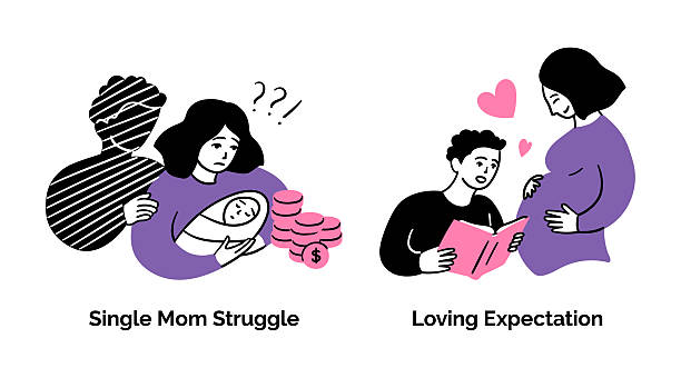 istock Cartoon Color Pregnancy Scenes Concept Set Single Mom Struggle and Loving Expectation. Vector 2228881120