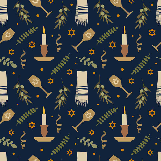 Yom Kippur Seamless Pattern. Traditional Jewish Celebration Elements Vector Illustration. olive branches, and ceremonial items arranged on a dark background. Yom Kippur Seamless Pattern. Traditional Jewish Celebration Elements Vector Illustration. olive branches, and ceremonial items arranged on a dark background. yom kippur stock illustrations