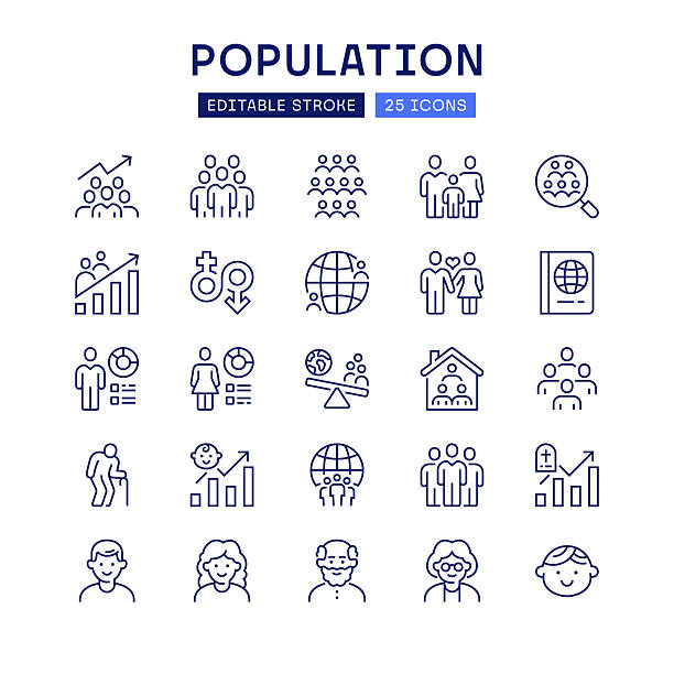 Demography, Population Line Icon Set Population, Demography Line Icon Set. Editable Stroke. Pixel Perfect. 32x32 px grid 1 pt stroke width. demography stock illustrations