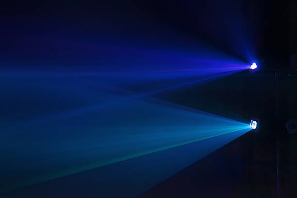 Blue and purple vibrant beams of stage light cutting through the darkness in a dramatic display and a dreamlike quality, creates a minimal yet immersive scene, often seen in concerts, nightclubs, or live performances.