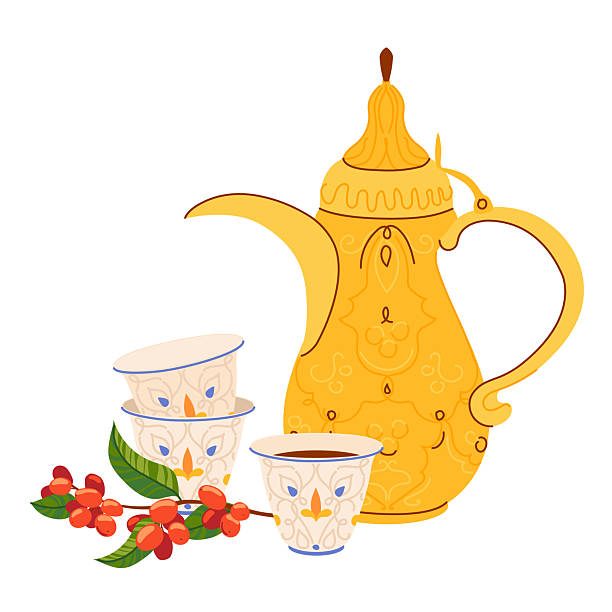 Traditional Arabic coffee pot Dallah, coffee branch and cups with ornament. Symbol of Middle Eastern hospitality. Antique copper pot common in Yemen, Oman, Qatar. Vector illustration in flat style.
