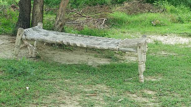 istock Charpoy under shady tree in peaceful village landscape with lush greenery and distant hills 2228888801