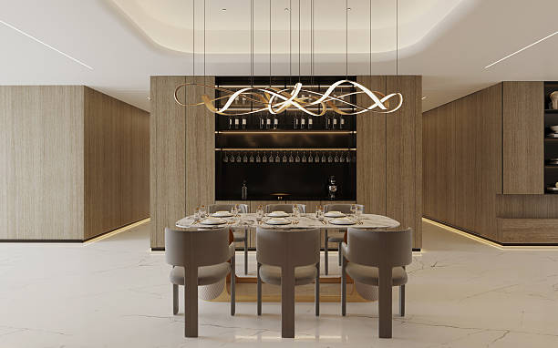 istock Modern Luxury Dining Room with Artistic Chandelier and Elegant Marble Table 2228889653