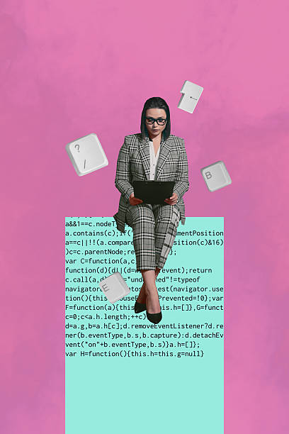 istock Collage of smiling young person with laptop surrounded by code keys text symbolizing freelancer writing creative profession 2228894410
