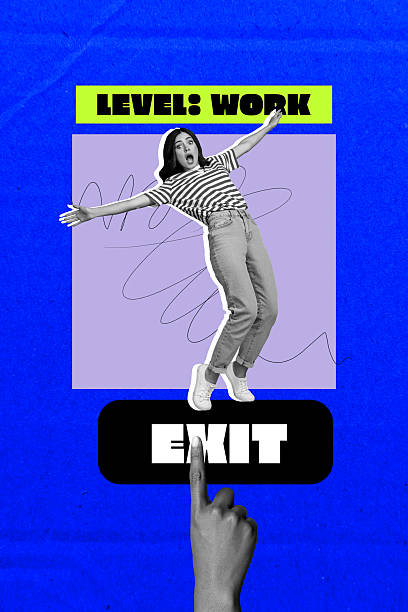 istock Template trend 3D photo collage of finger press button exit work young lady stand balance career unemployment dismissal jobless problem 2228895043
