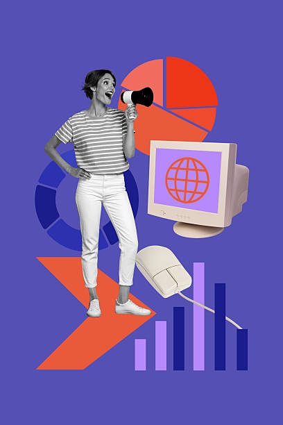 istock Creative trend artwork collage sketch of young lady stand talk megaphone obsolete computer monitor diagram goal stats analyzing business 2228895643