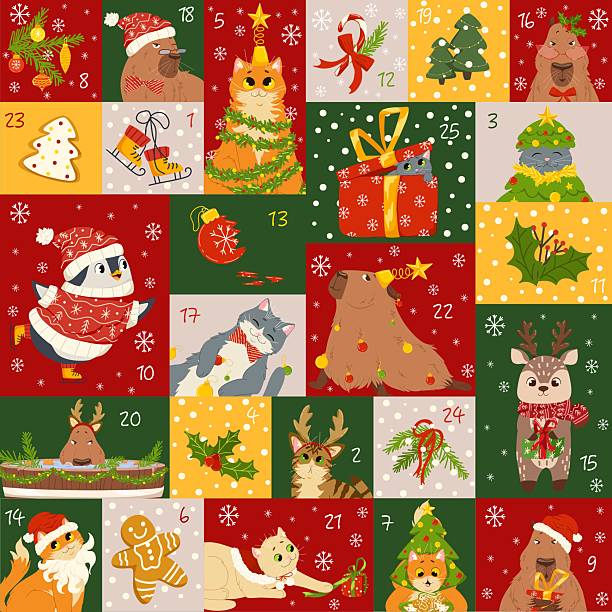 istock Advent calendar with Christmas decorations, cute animal characters wearing carnival costumes, ornaments. Countdown till Christmas. Vector cartoon illustration for seasonal decor 2228896209