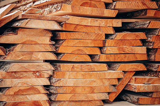 istock Rough-Cut Timber Planks Stacked with Bark Edges 2228896520