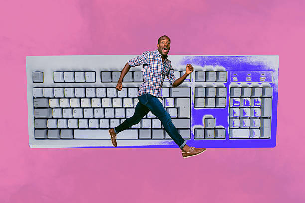 istock Collage of funny business person relax coffee retro computer keyboard keys text programming code in work concept 2228896781