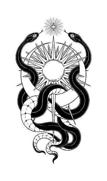 Magic snakes with crescents, star and sun. Mystical symbols in a retro graphic style. Vector Illustration