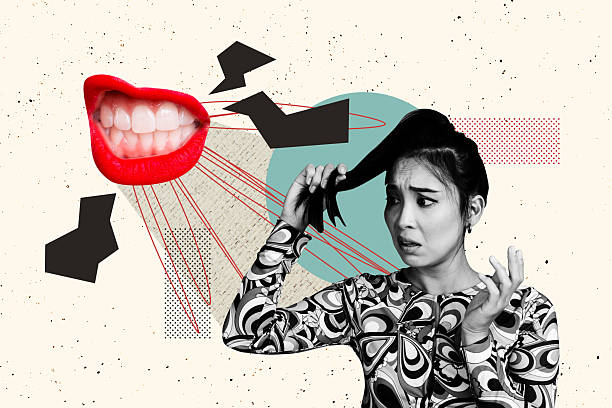 istock Template collage design 3D sketch of mind therapy overload burnout worry lips gossip talking abstract dialog young lady confused hold hair 2228898437