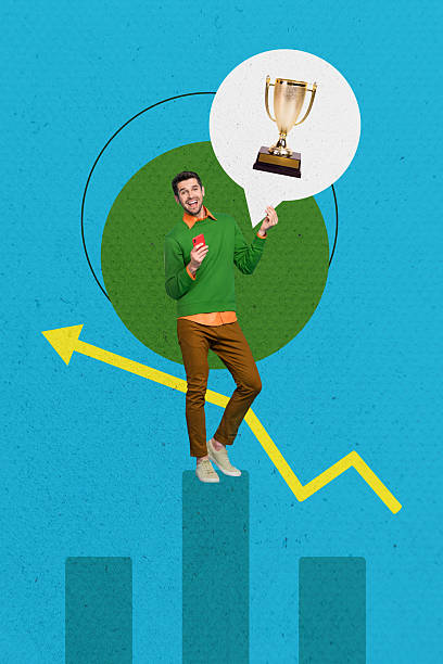 istock Poster image artwork pop collage of happy businessman stand chart arrow development statistics receive award goblet victory 2228898642