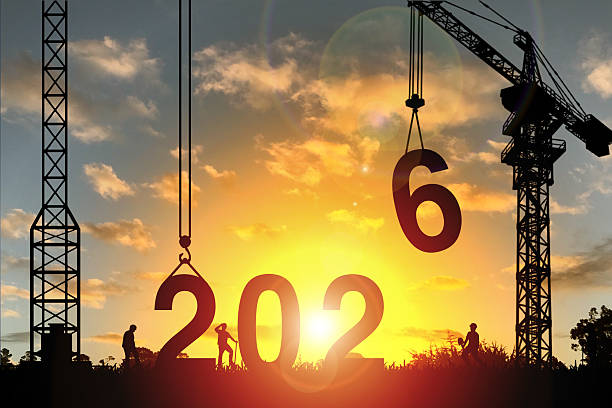 Construction camp site with cranes building construction prepare to welcome the new year 2026