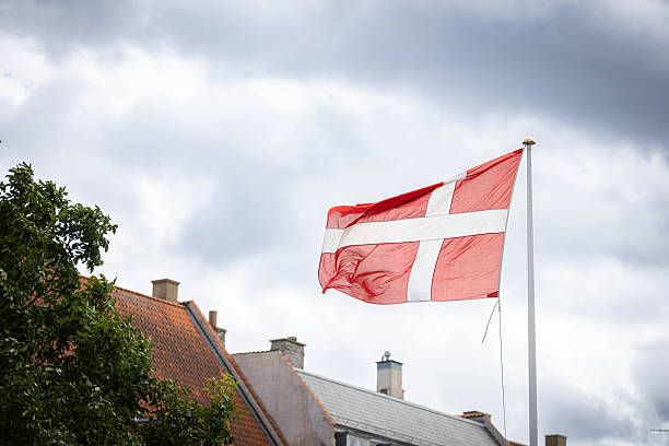 Danish flag with historical building background.\nCopenhagen - Denmark.