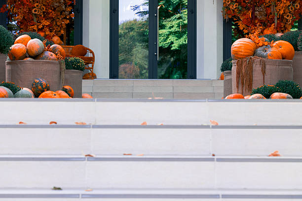 hotel restaurant entrance passage advertisement concept pattern with white foreground copy space and October season decorative objects plants and pumpkins